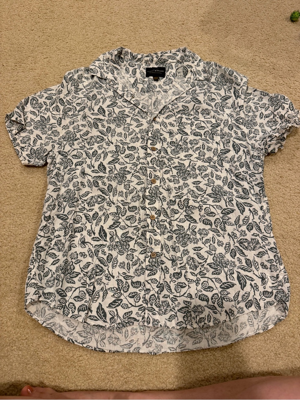 Lucky Brand White Short-Sleeve Button-Down with Navy Leaf Print